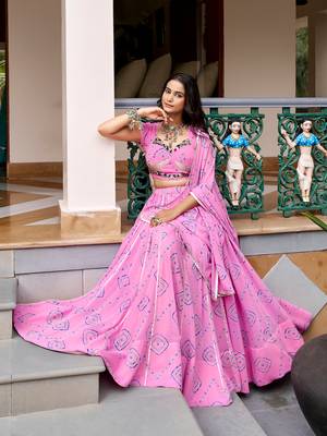 women's bandhej printed georgette lehenga choli set with dupatta - free size 4
