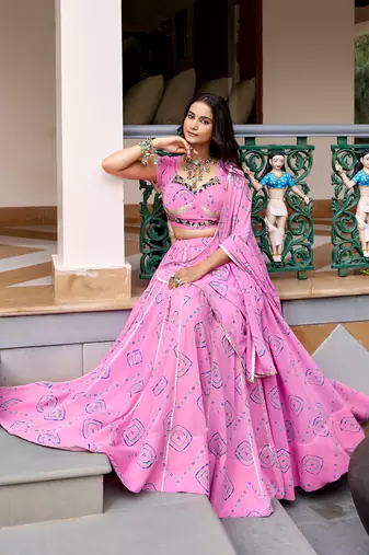 women's bandhej printed georgette lehenga choli set with dupatta - free size