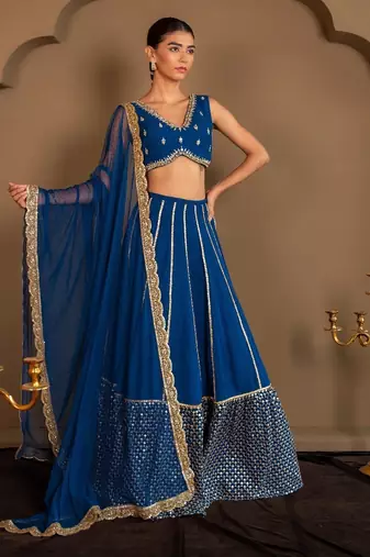 Royal Blue Color Party Wear Georgette Sequins with Zari Embroidery Work Semi-stitche Lehenga Choli