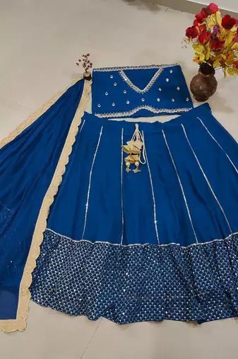 Royal Blue Color Party Wear Georgette Sequins with Zari Embroidery Work Semi-stitche Lehenga Choli