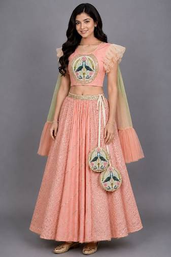 Peach Peacock Printed Chanderi Lehenga Set