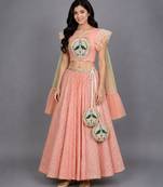 Peach Peacock Printed Chanderi Lehenga Set