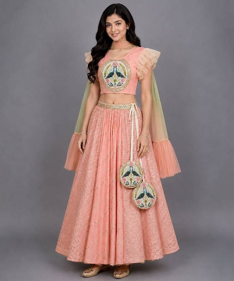 Peach Peacock Printed Chanderi Lehenga Set