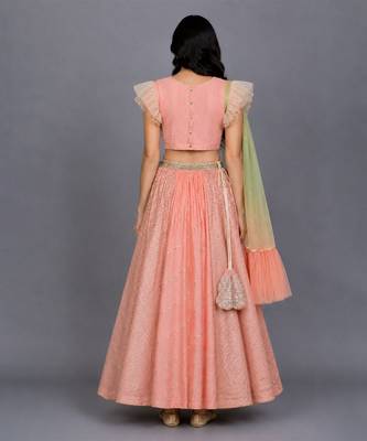 Peach Peacock Printed Chanderi Lehenga Set 2
