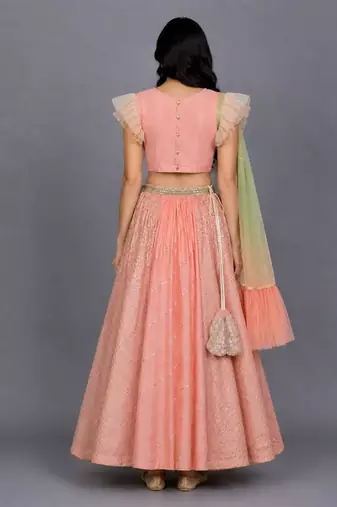 Peach Peacock Printed Chanderi Lehenga Set