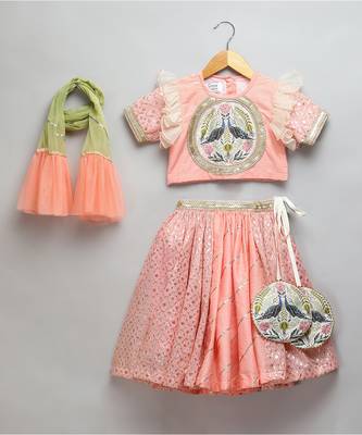 Peach Peacock Printed Chanderi Lehenga Set 3