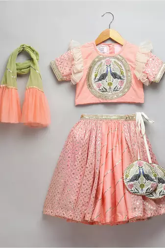 Peach Peacock Printed Chanderi Lehenga Set