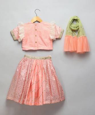 Peach Peacock Printed Chanderi Lehenga Set 4