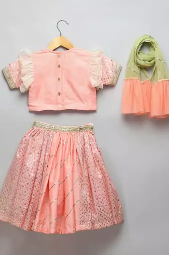 Peach Peacock Printed Chanderi Lehenga Set