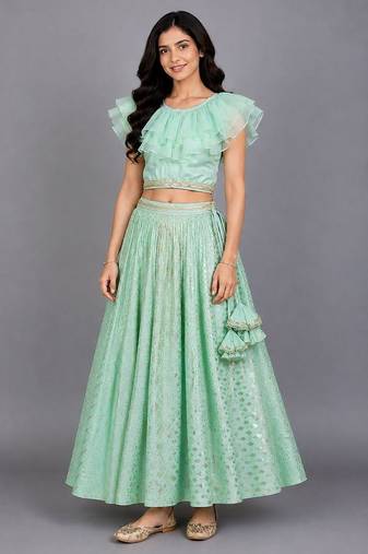 Pastel Green Organza Frill Chanderi Lehenga Set