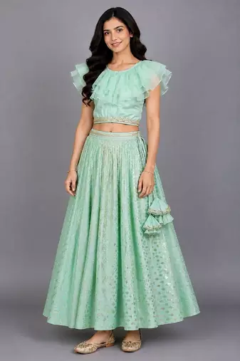 Pastel Green Organza Frill Chanderi Lehenga Set