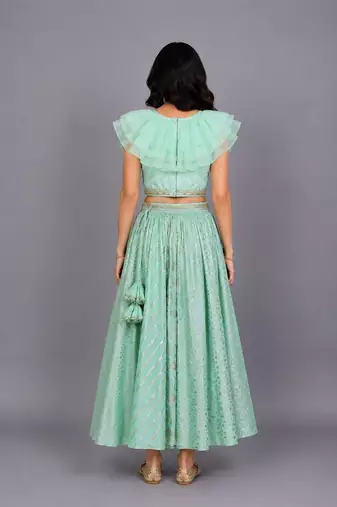 Pastel Green Organza Frill Chanderi Lehenga Set