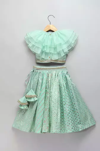 Pastel Green Organza Frill Chanderi Lehenga Set