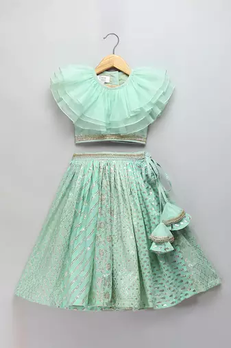 Pastel Green Organza Frill Chanderi Lehenga Set