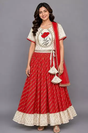 Red Off White Embroidered Chanderi Lehenga Set