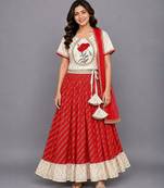 Red Off White Embroidered Chanderi Lehenga Set