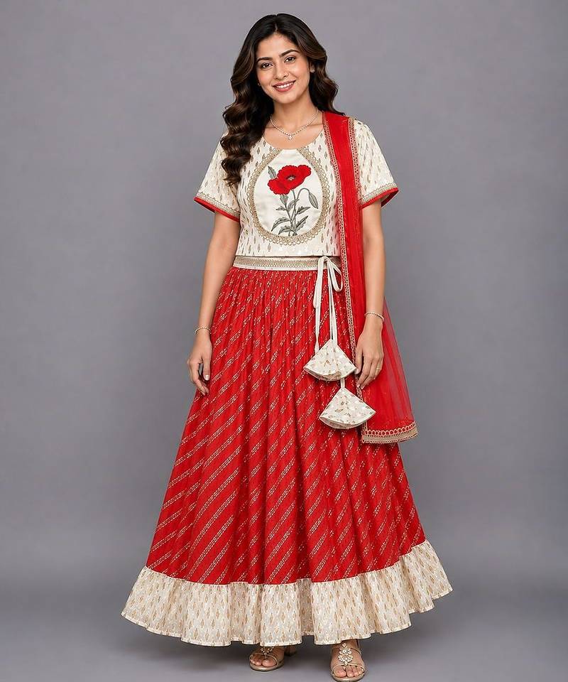 Red Off White Embroidered Chanderi Lehenga Set