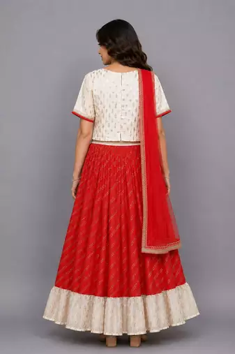 Red Off White Embroidered Chanderi Lehenga Set