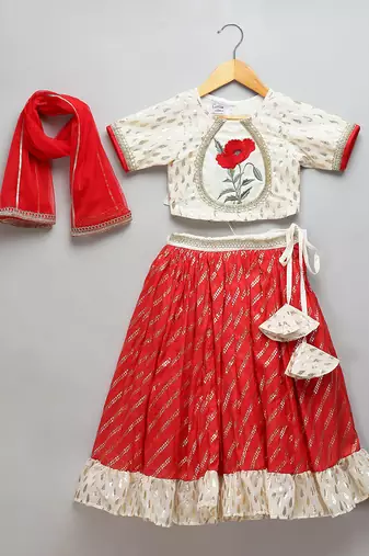 Red Off White Embroidered Chanderi Lehenga Set
