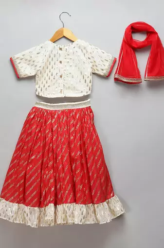 Red Off White Embroidered Chanderi Lehenga Set