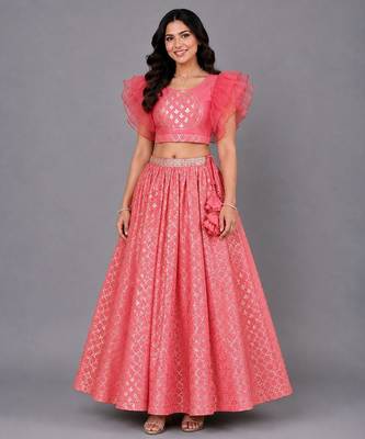 Coral Pink Ruffled Blouse With Cotton Zari Lehenga Set 1