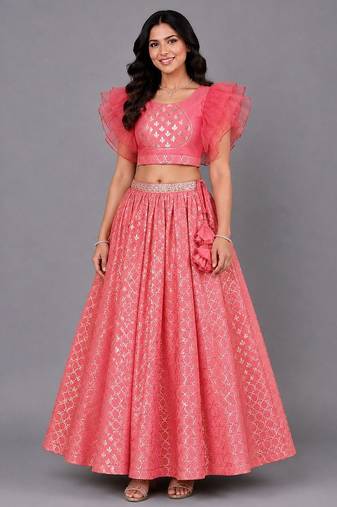 Coral Pink Ruffled Blouse With Cotton Zari Lehenga Set