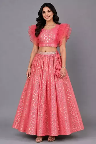 Coral Pink Ruffled Blouse With Cotton Zari Lehenga Set