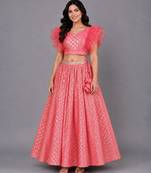Coral Pink Ruffled Blouse With Cotton Zari Lehenga Set