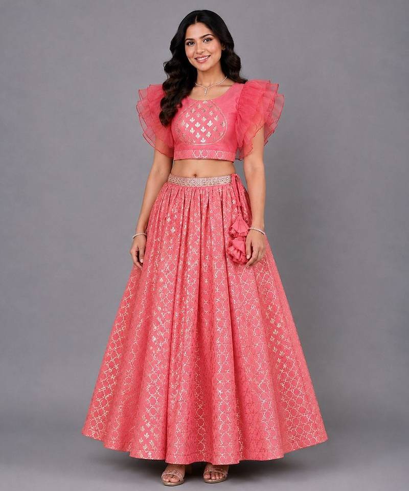 Coral Pink Ruffled Blouse With Cotton Zari Lehenga Set
