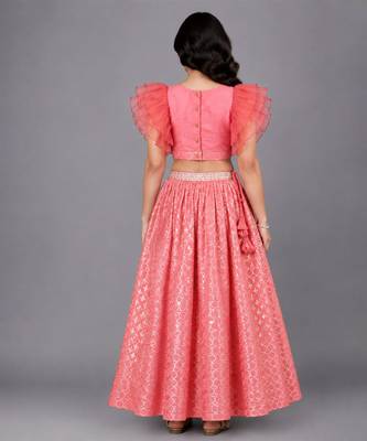 Coral Pink Ruffled Blouse With Cotton Zari Lehenga Set 2