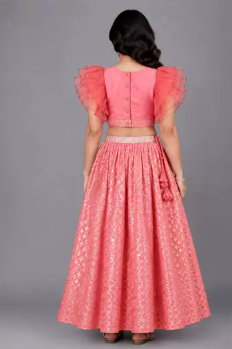 Coral Pink Ruffled Blouse With Cotton Zari Lehenga Set