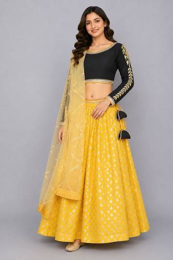 Black Embroidered Blouse With Cotton Zari Lehenga Set