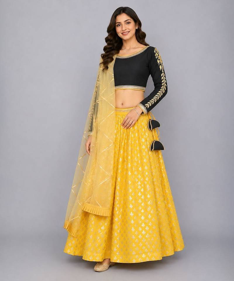 Black Embroidered Blouse With Cotton Zari Lehenga Set