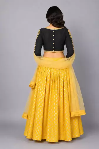 Black Embroidered Blouse With Cotton Zari Lehenga Set