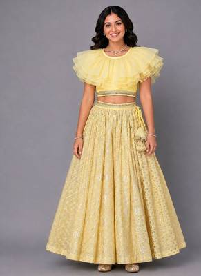 Lime Yellow Organza Frill Chanderi Lehenga Set 1