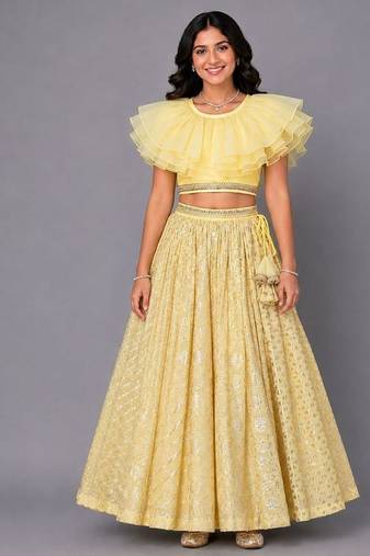 Lime Yellow Organza Frill Chanderi Lehenga Set