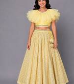 Lime Yellow Organza Frill Chanderi Lehenga Set
