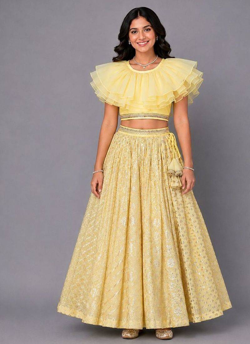 Lime Yellow Organza Frill Chanderi Lehenga Set