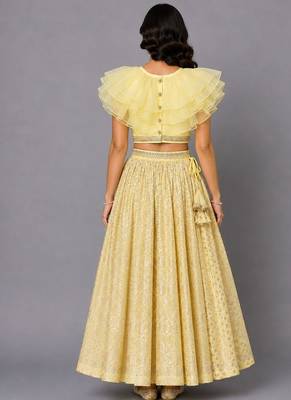 Lime Yellow Organza Frill Chanderi Lehenga Set 2