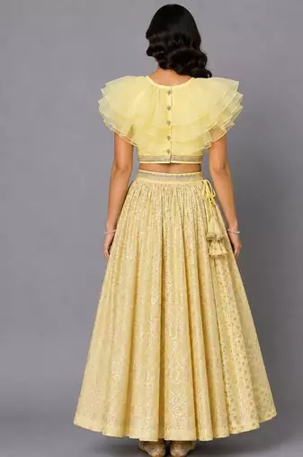 Lime Yellow Organza Frill Chanderi Lehenga Set