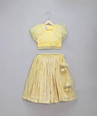 Lime Yellow Organza Frill Chanderi Lehenga Set 3