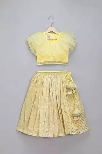 Lime Yellow Organza Frill Chanderi Lehenga Set