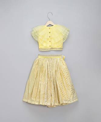 Lime Yellow Organza Frill Chanderi Lehenga Set 4