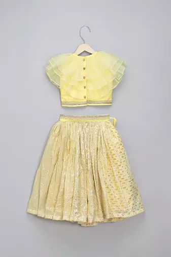 Lime Yellow Organza Frill Chanderi Lehenga Set