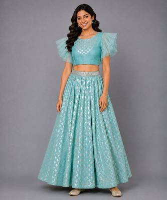 Blue Ruffled Blouse With Cotton Zari Lehenga Set 1