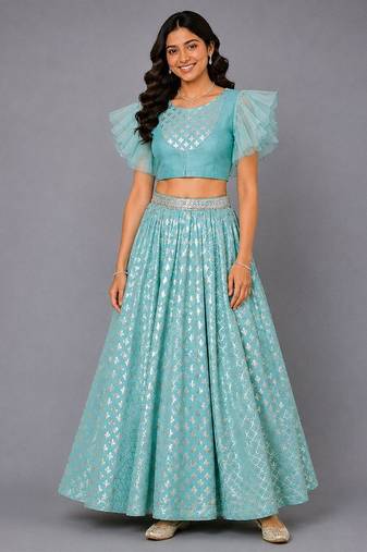 Blue Ruffled Blouse With Cotton Zari Lehenga Set