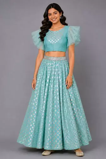 Blue Ruffled Blouse With Cotton Zari Lehenga Set
