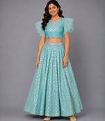Blue Ruffled Blouse With Cotton Zari Lehenga Set