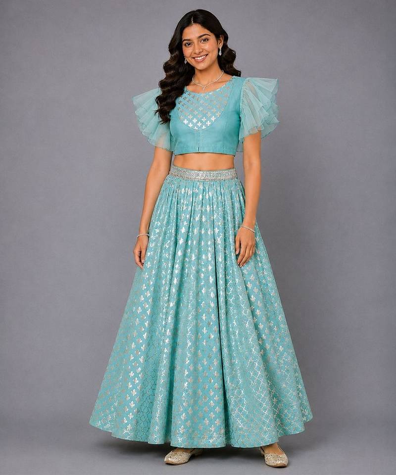 Blue Ruffled Blouse With Cotton Zari Lehenga Set