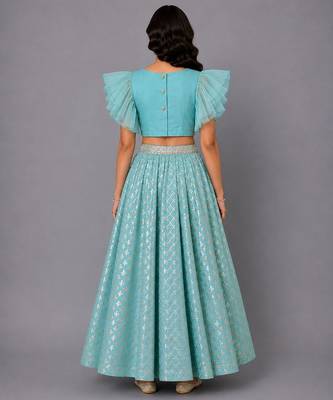 Blue Ruffled Blouse With Cotton Zari Lehenga Set 2